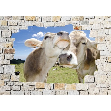 Stickers mural trompe l'oeil pierre déco Vaches