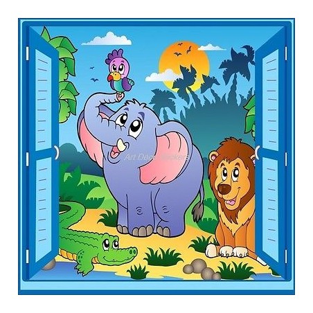 Sticker enfant fenêtre trompe l'oeil éléphant lion perroquet 913