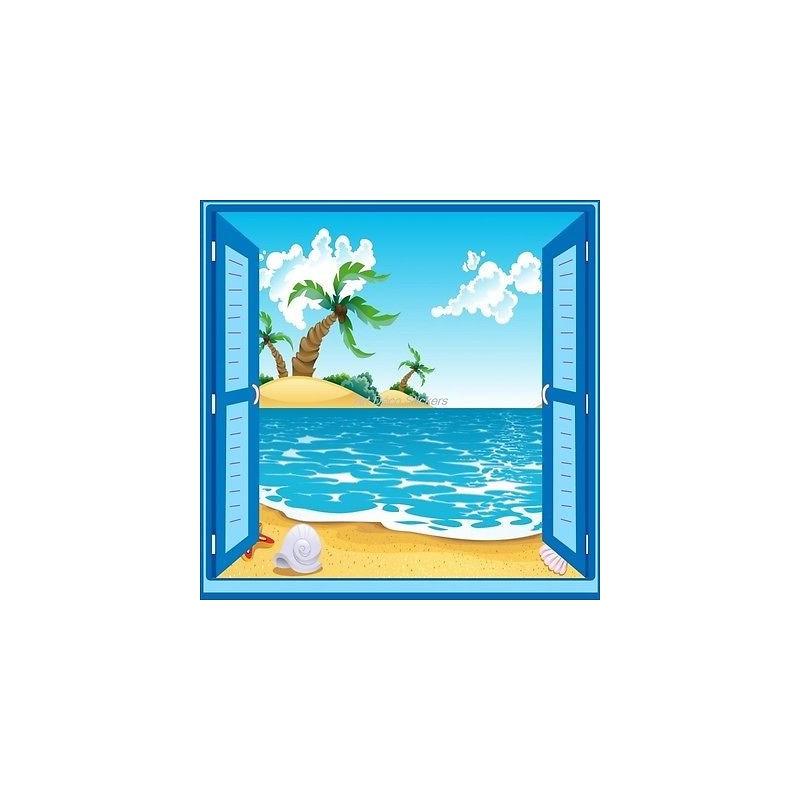 Sticker enfant fenêtre trompe l'oeil plage palmier 909