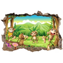 Stickers 3D trompe l'oeil Animaux de la jungle singes  - 23247