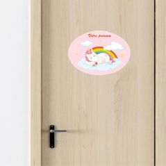 Stickers autocollant enfant Bébé Licorne personnalisable avec prénom - Pour porte, mur, Objet ... 24x17 cm.