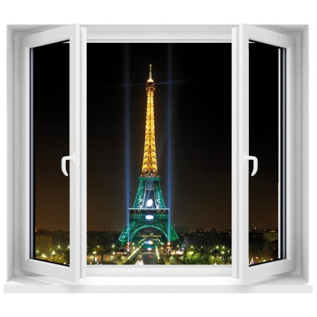 Sticker Fenêtre trompe l'oeil Paris la nuit